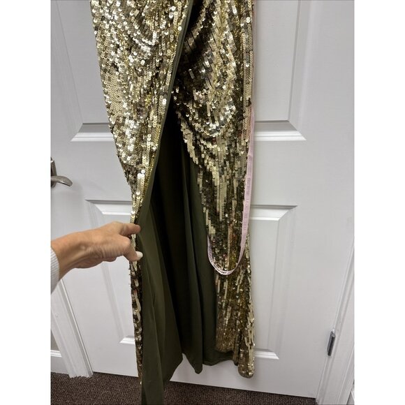 Mac Duggal Size 4 Gold Green 93540 One-Shoulder Sequin Formal Gown Maxi Dress - Picture 7 of 13
